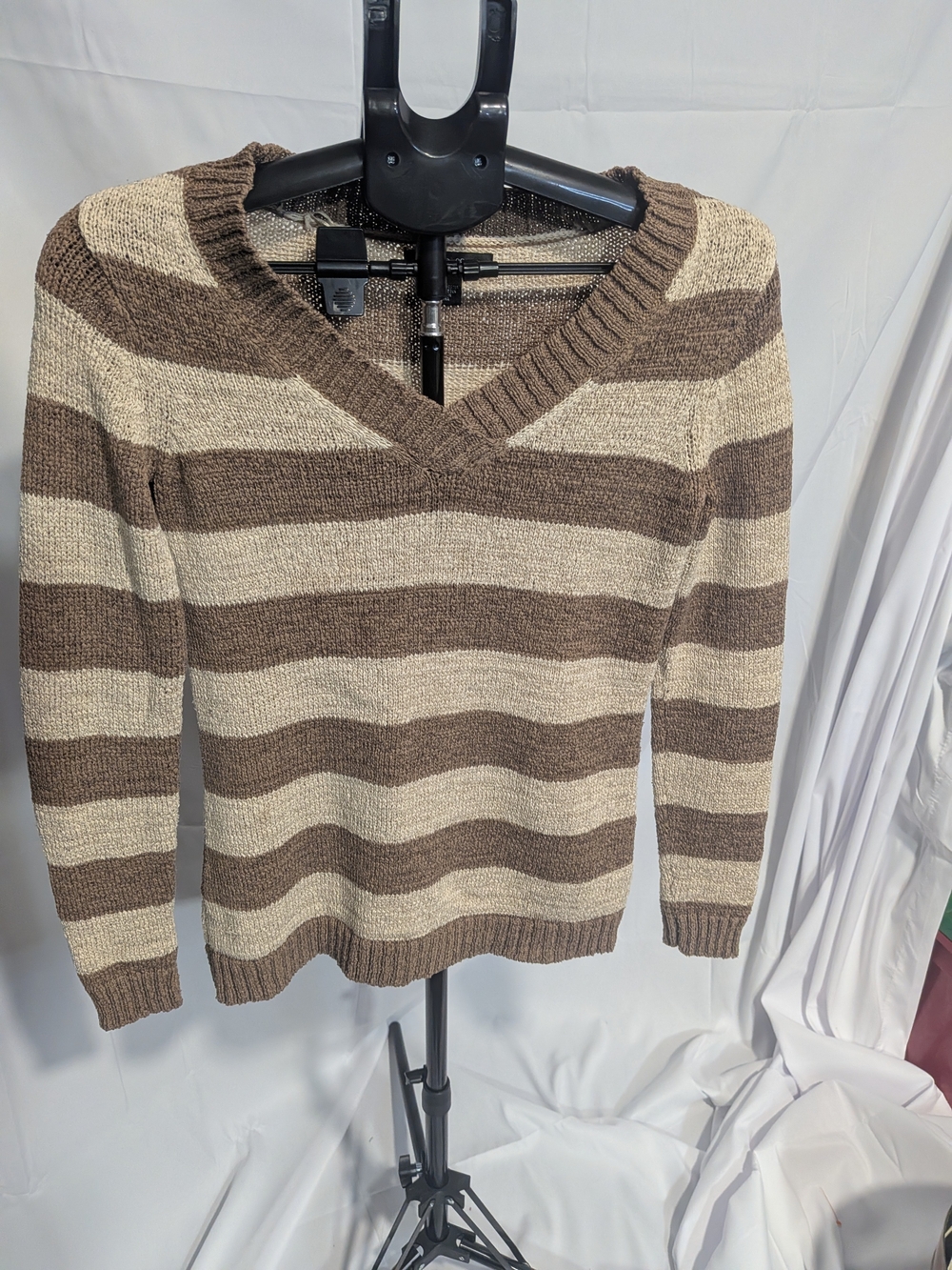 Style & Co. Brown and Cream Striped V-Neck Pullover